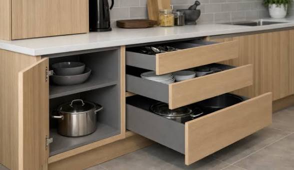 Natural oak wood base cabinets with three-tier soft-close drawers open