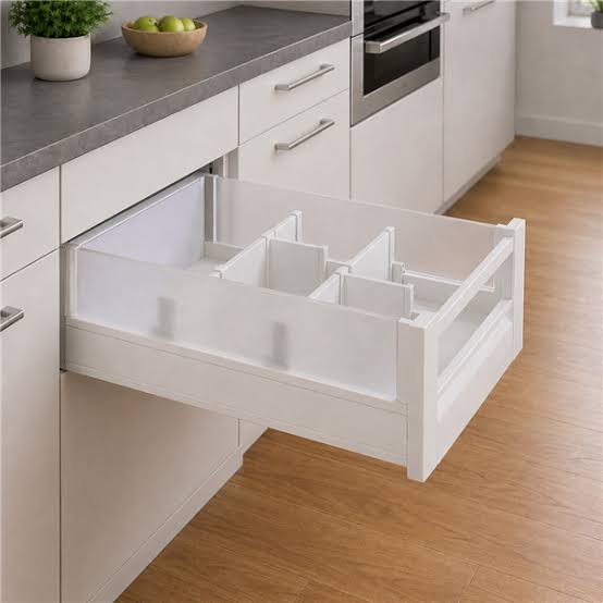 Deep pullout kitchen drawer with frosted glass sides and modular dividers