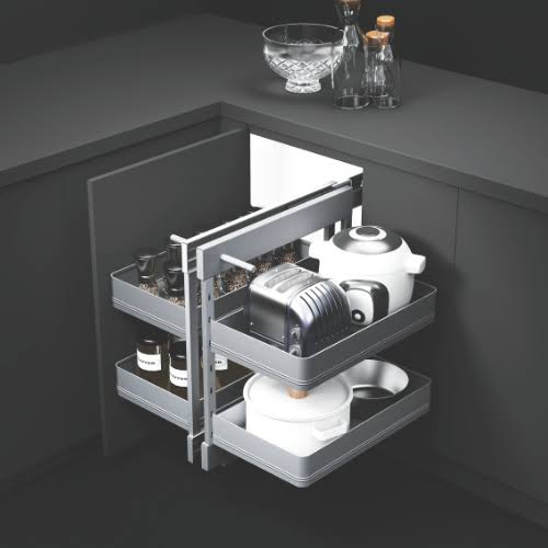 Magic corner pullout mechanism with two tiers of storage baskets
