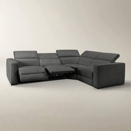 Modern charcoal leather sectional sofa with extended reclining footrest