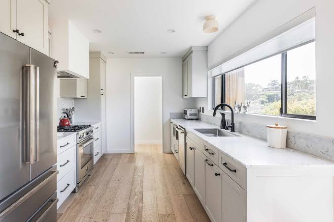 Parallel galley kitchen design optimized for cooking workflow and high storage