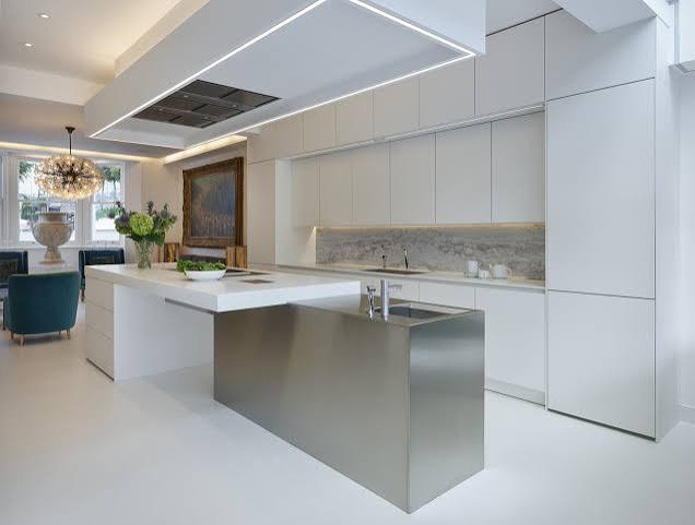 Modern handle-less kitchen with seamless integrated J-pull channel profiles