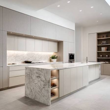 Open-plan kitchen with central island for dining and culinary preparation
