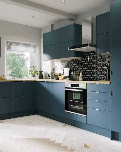 Custom L-shaped kitchen layout maximizing counter space and corner efficiency